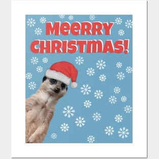 Merry Christmas (Meerry) -Cute Meerkat in Christmas hat with snowflakes Posters and Art